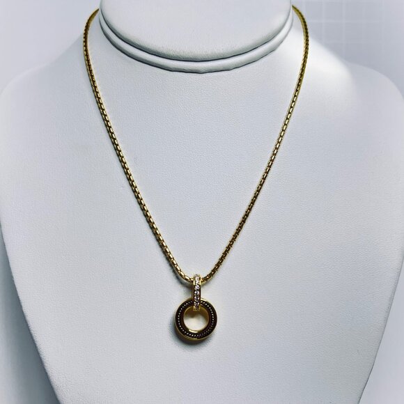 Gold Tone Snake Chain Necklace With Rhinestone Circle Pendant & Earrings (5827) - Picture 2 of 10